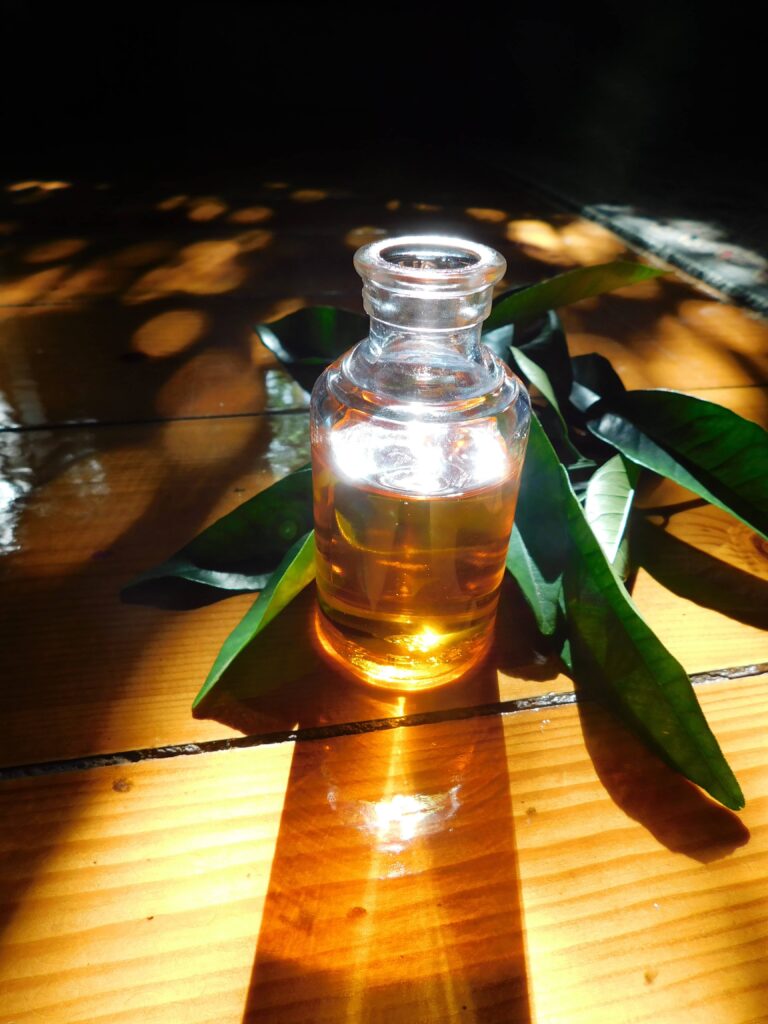 Rosehip oil, looking golden through the sunlight and surrounded by leaves from our orange tree.